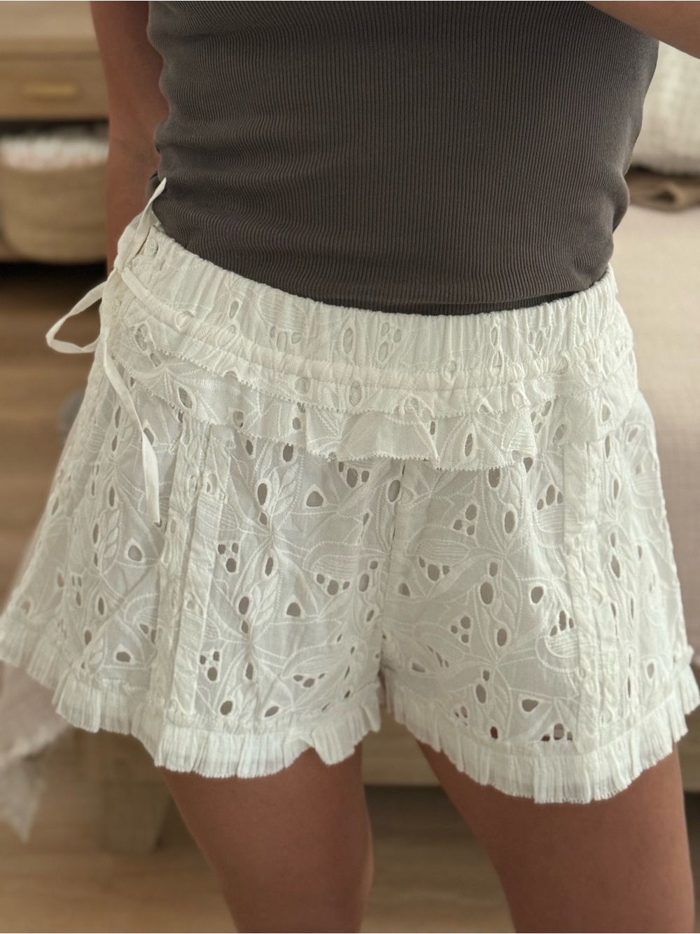 White Eyelet Ruffle Mini Shorts - Picture 2 of 5